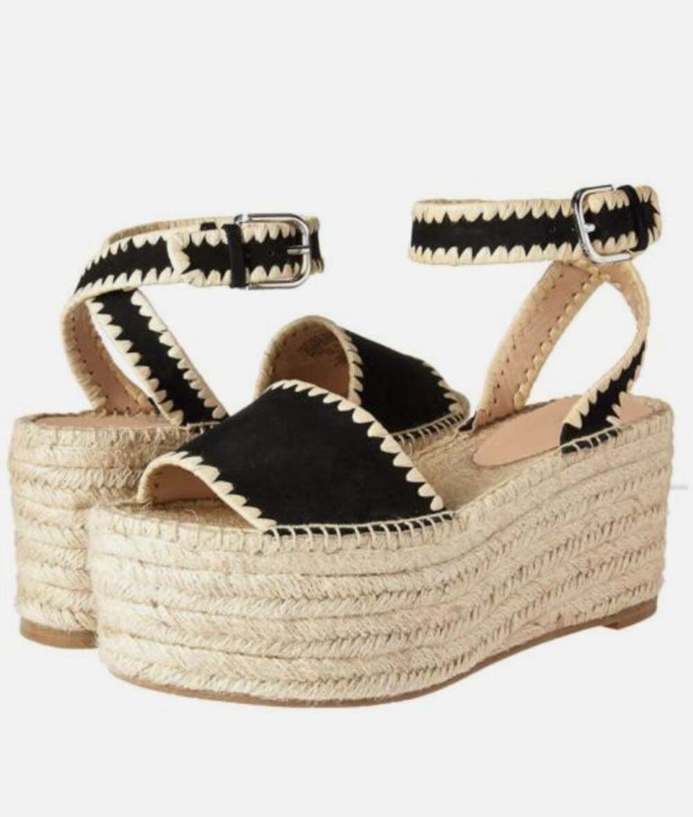 Pour La Victoire PLV Ria Espadrille Platform Wedge Sandal Black Leather Jute 9.5